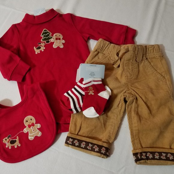 Gymboree 3-6 Month Gingerbread Boy Pants, Bodysuit, bib & 0-3 socks Outfit NWT - Picture 4 of 8